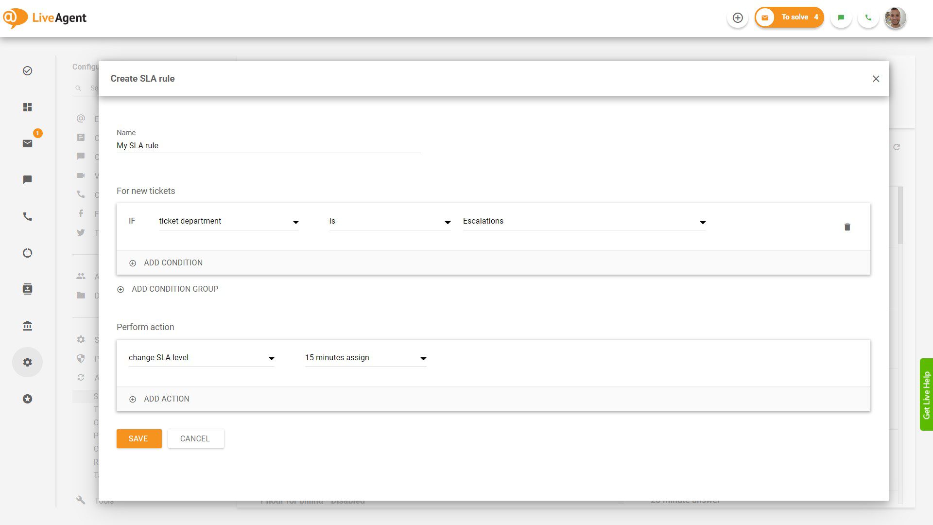 Tạo quy tắc SLA trong LiveAgent