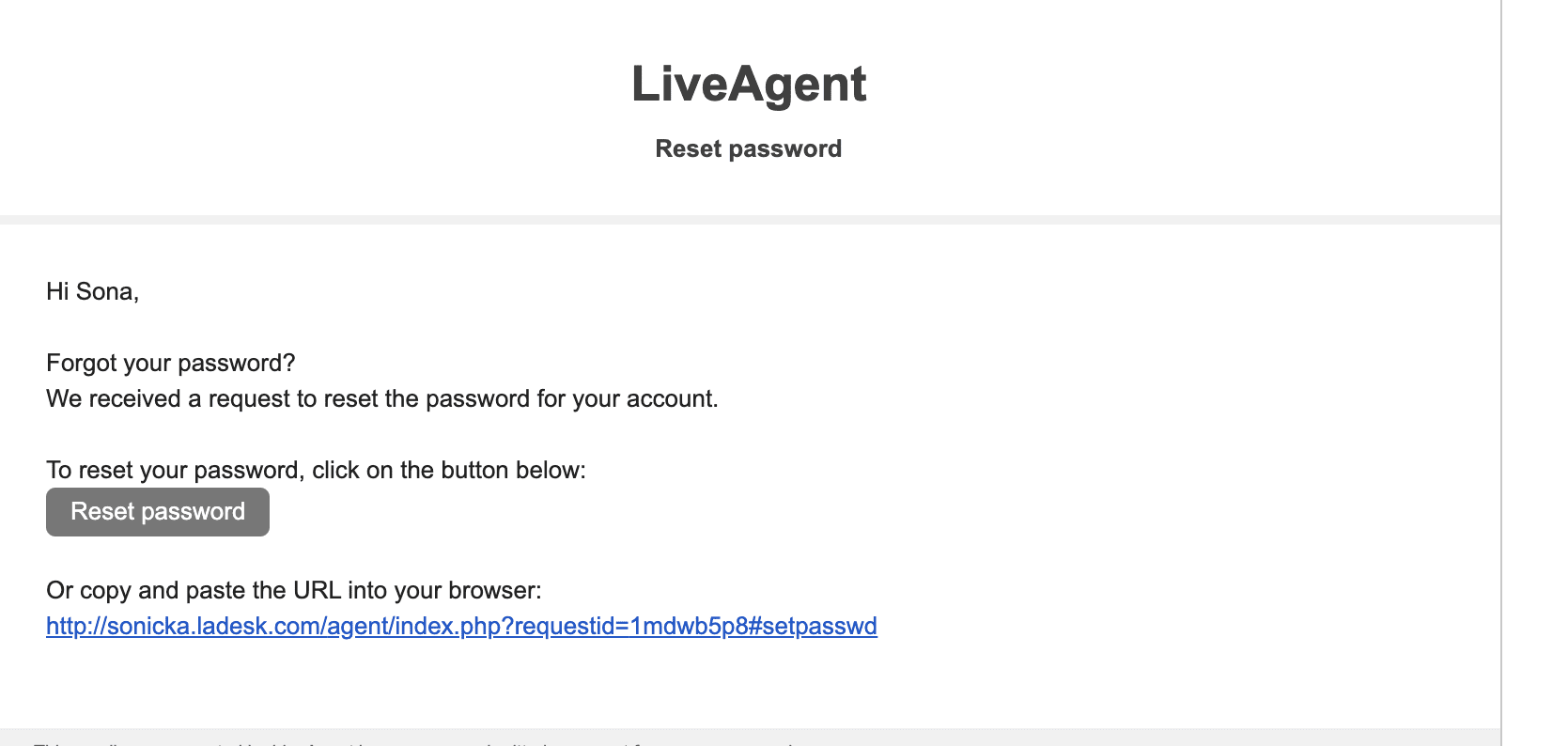 Email đặt lại mật khẩu LiveAgent
