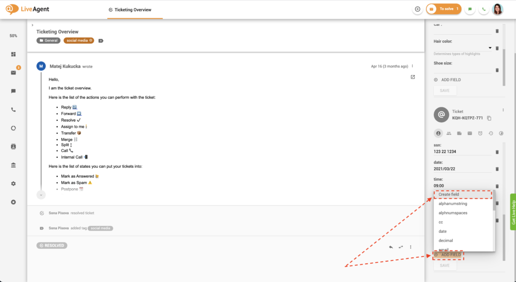 Thêm trường vé mới trong chế độ xem vé