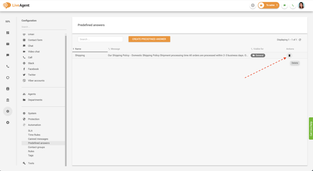 Xóa câu trả lời được xác định trước trong LiveAgent
