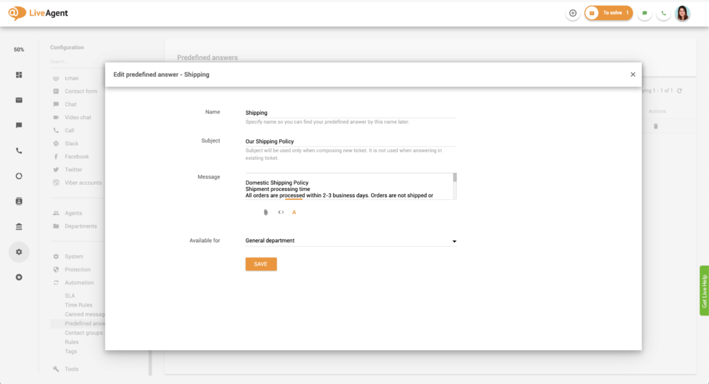 Chỉnh sửa câu trả lời được xác định trước trong LiveAgent