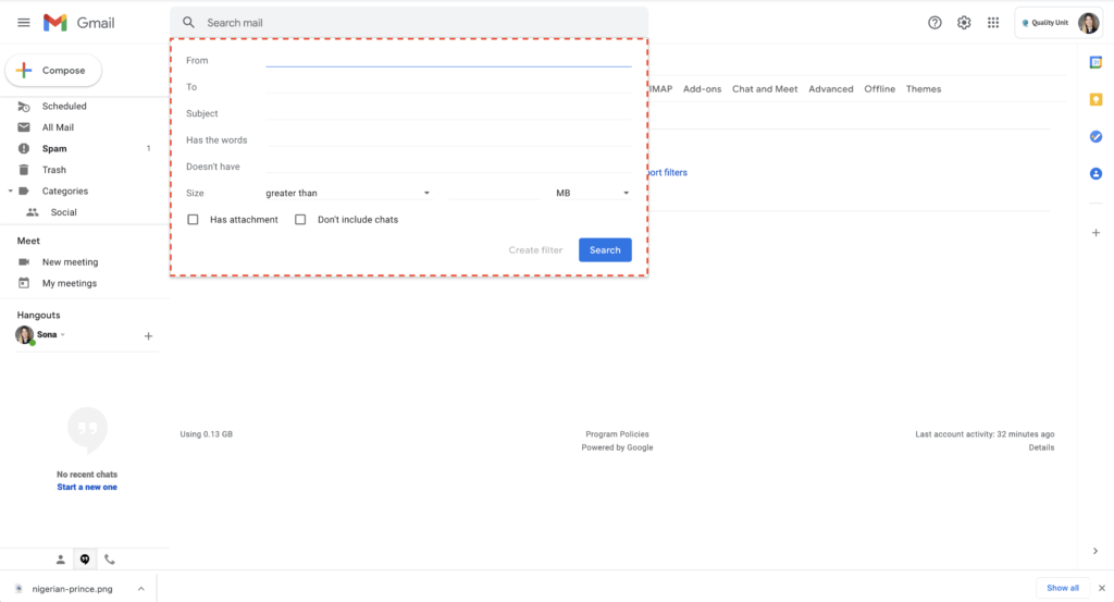 Ví dụ lọc spam Gmail 2