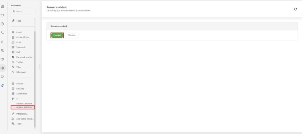 Hình ảnh hiển thị cách bật trợ lý trả lời trong LiveAgent