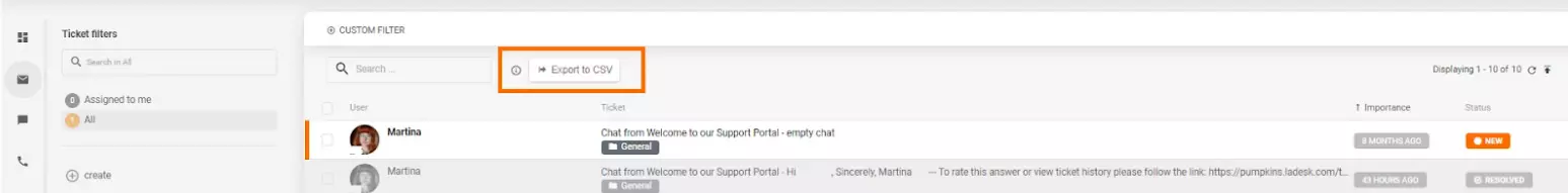 Xuất CSV trong hệ thống vé của LiveAgent