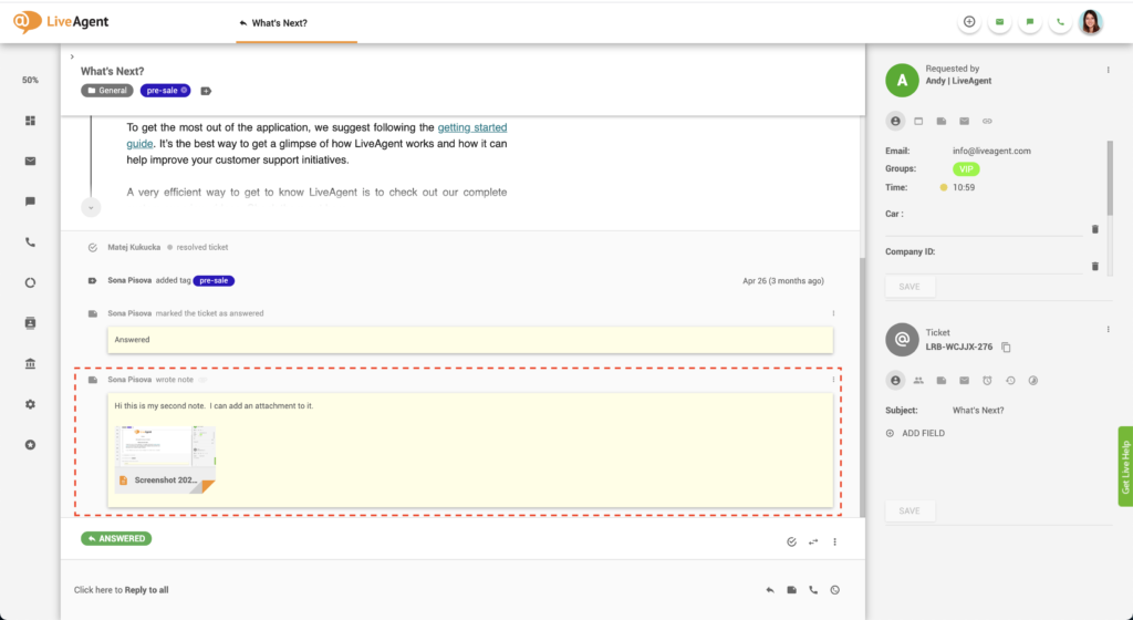 LiveAgent screenshot of internal note