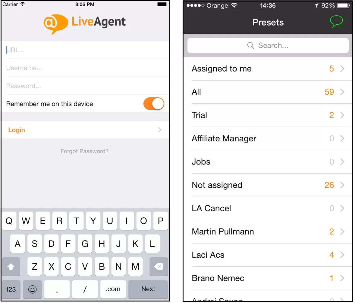 Giao diện ứng dụng LiveAgent iOS