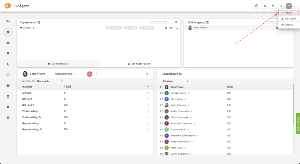 LiveAgent - nút tạm dừng