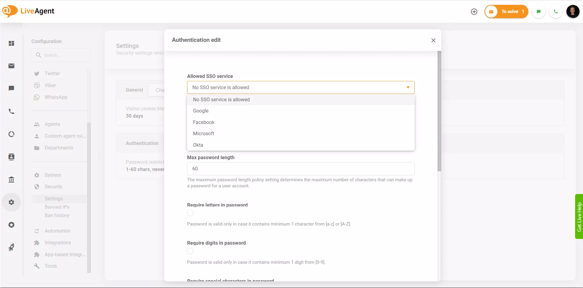LiveAgent - Các nhà cung cấp SSO