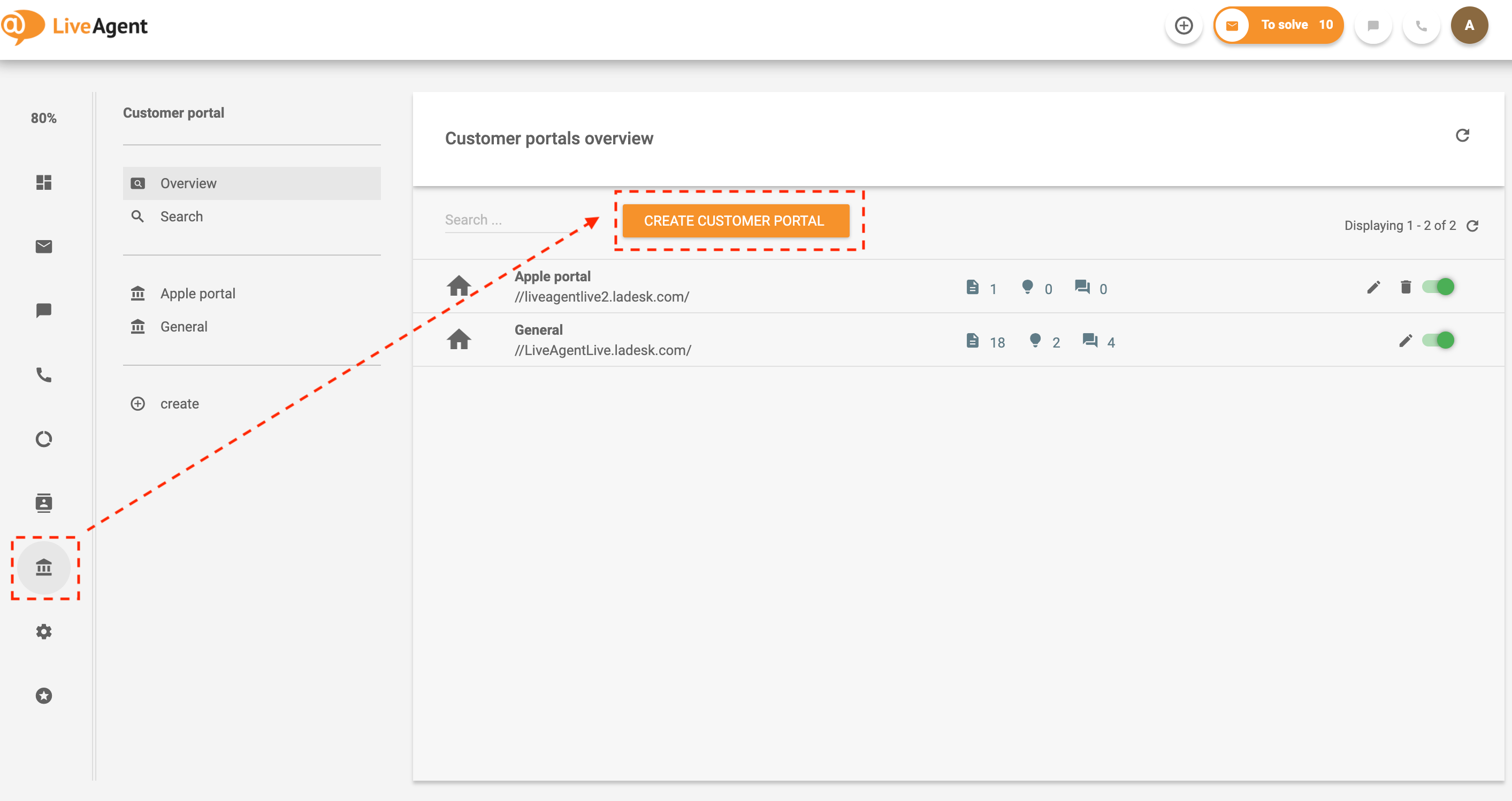 Điều hướng đến cơ sở kiến thức trong LiveAgent