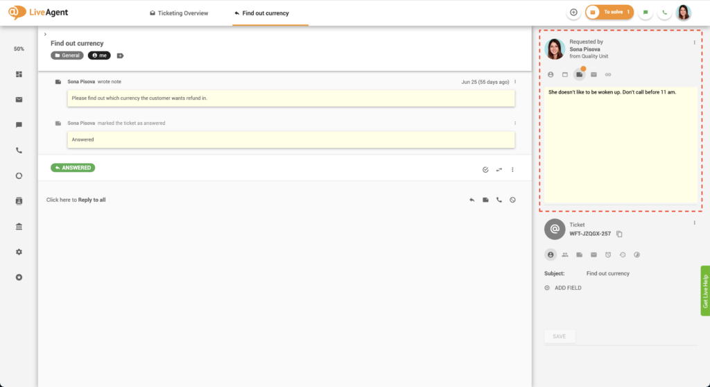 Ghi chú trong Vé - LiveAgent