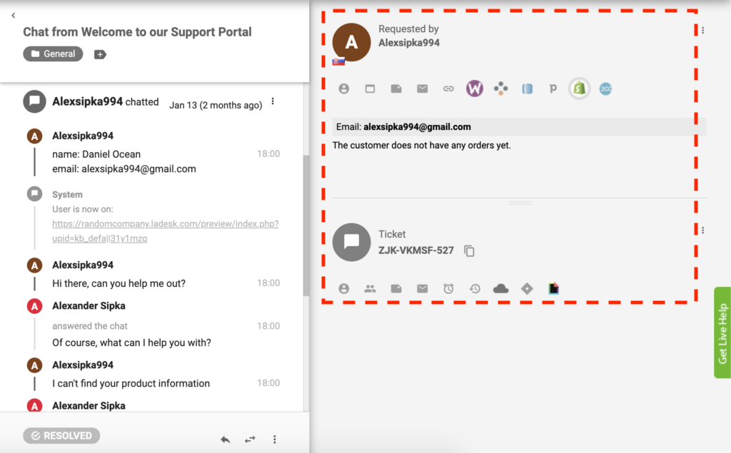 Plugin Shopify hoạt động trong LiveAgent
