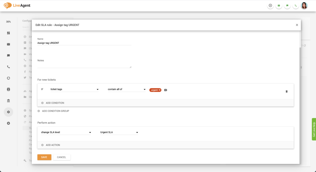 Ví dụ thiết lập SLA Khẩn Cấp