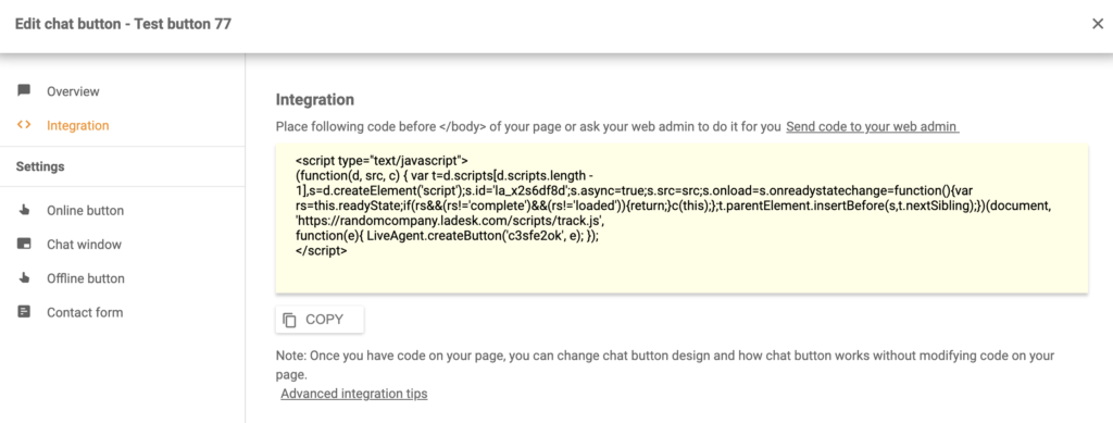 Mã tích hợp Shift4shop LiveAgent
