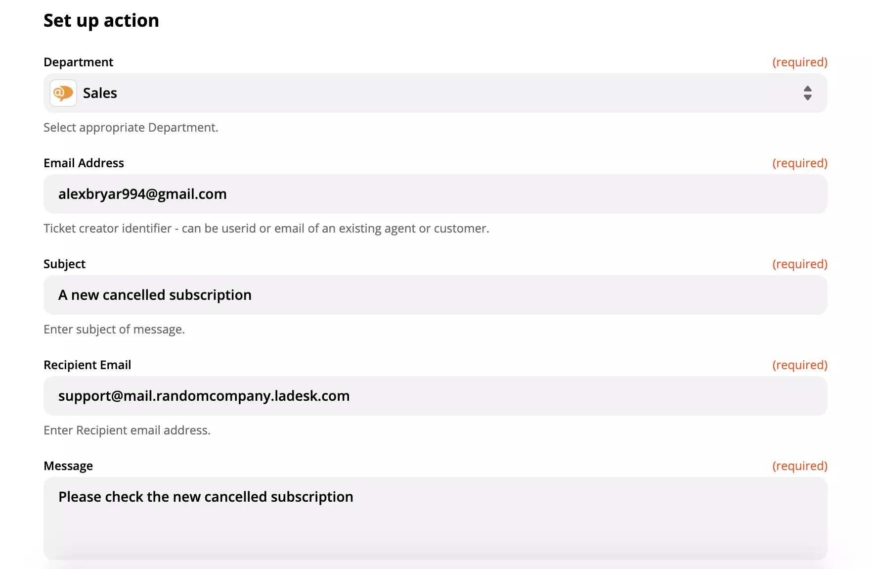 Ví dụ thiết lập action LiveAgent
