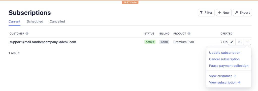 Vị trí hủy đăng ký trên Stripe