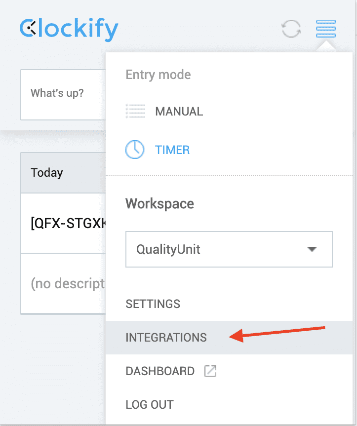 Menu tích hợp Clockify