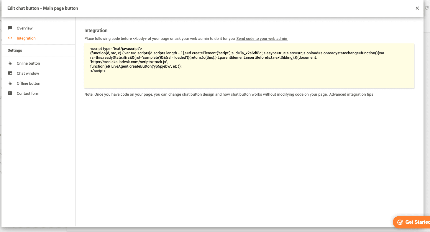 Tạo nút trò chuyện LiveAgent