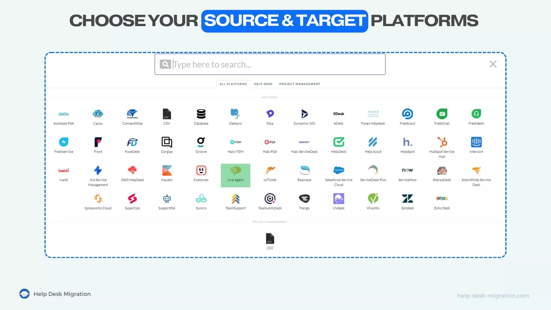 Các nền tảng được hỗ trợ trong Help Desk Migration