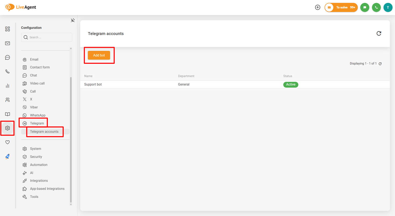 Ảnh chụp màn hình bảng cấu hình tích hợp Telegram của LiveAgent hiển thị nút Add bot