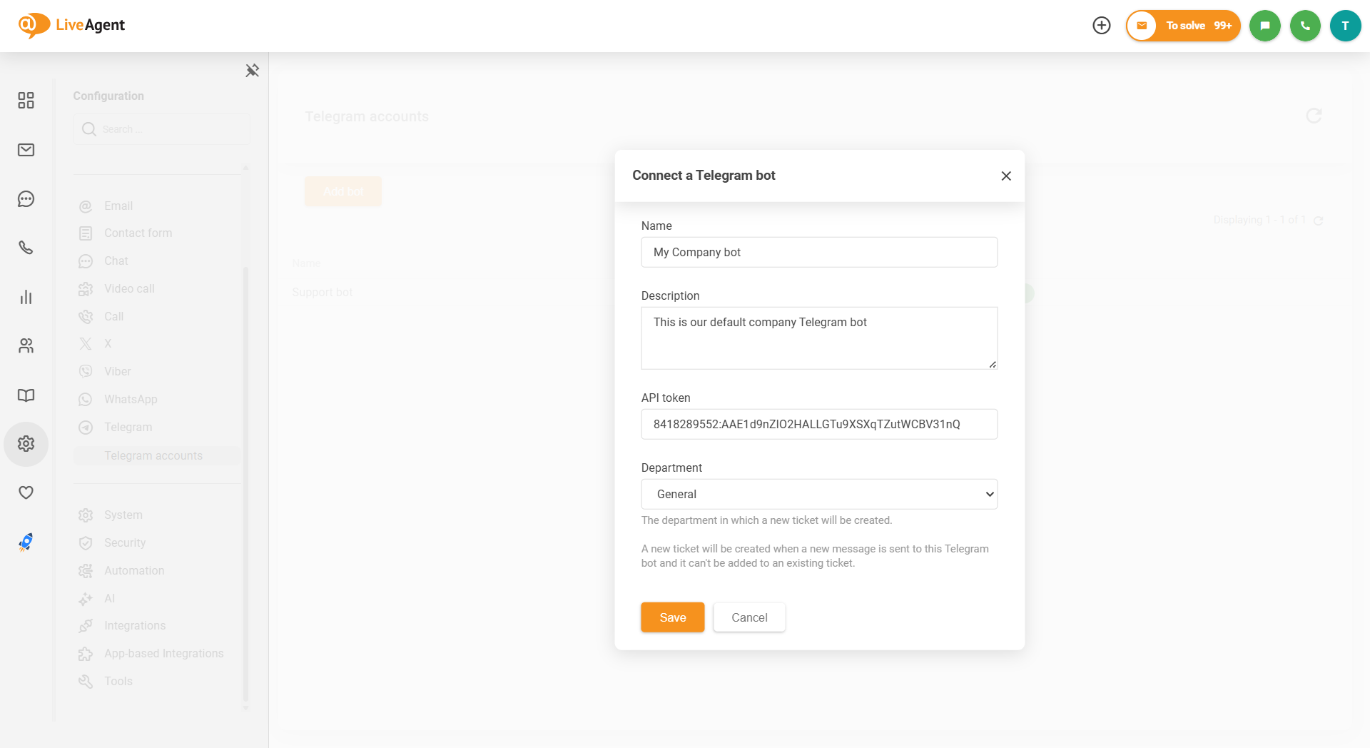 Ảnh chụp màn hình tích hợp Telegram của LiveAgent cách kết nối bot