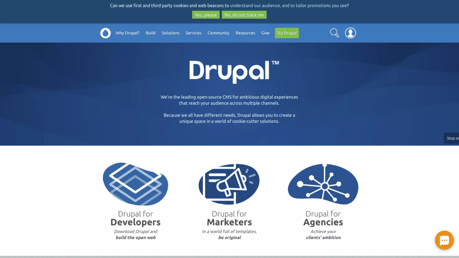 Nút trò chuyện trực tiếp LiveAgent trên trang chủ của Drupal.