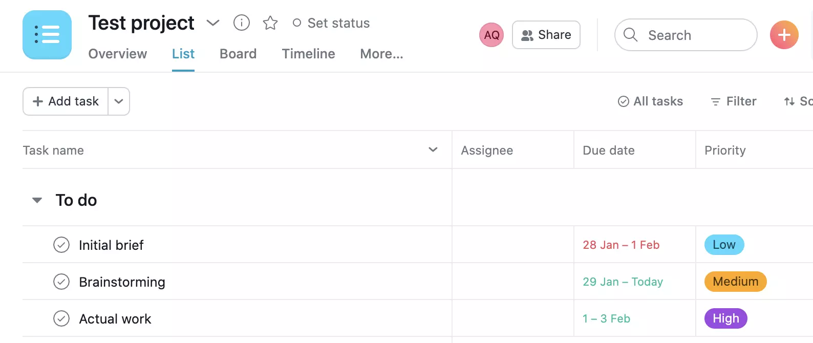 Ví dụ dự án Asana