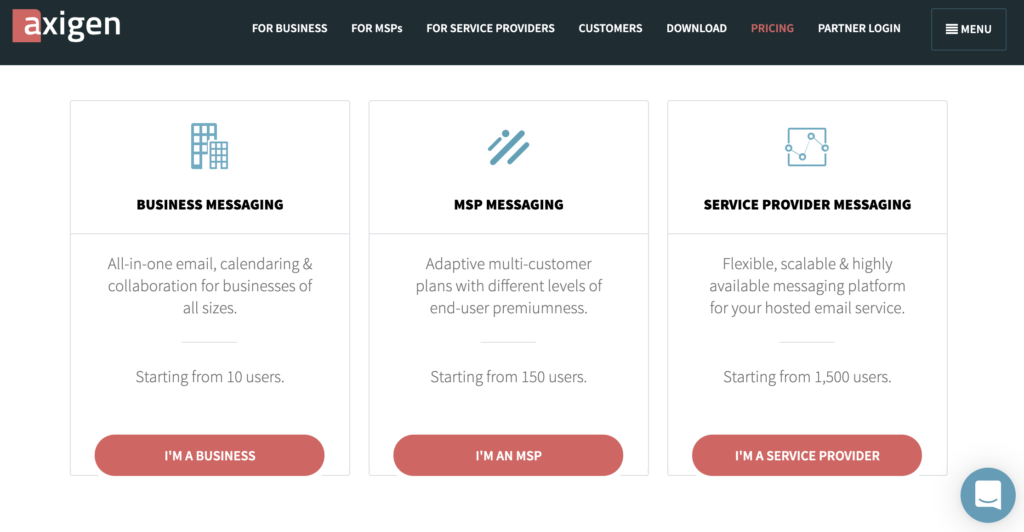 Trang web Axigen với các kế hoạch định giá