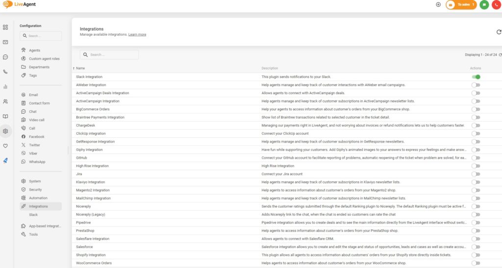 Activate integrations in LiveAgent
