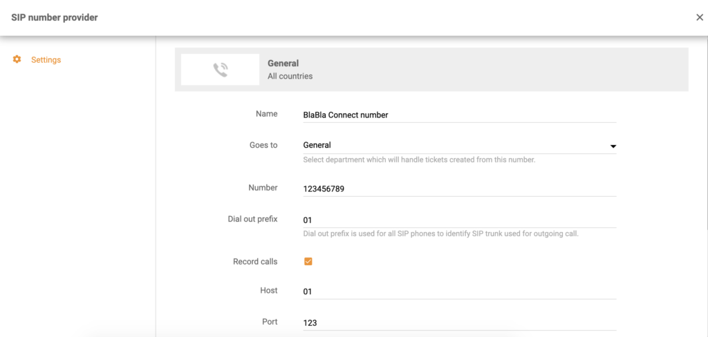 Thiết lập tích hợp BlaBla Connect trong cấu hình cuộc gọi LiveAgent