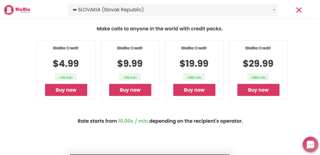 Các gói giá BlaBla Connect được hiển thị trên trang web