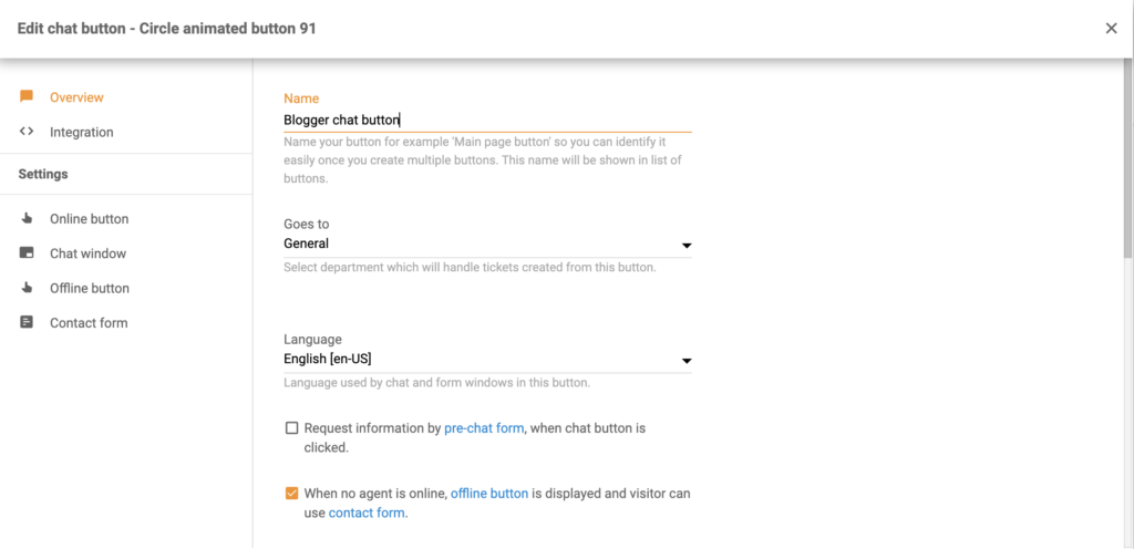 Cấu hình nút trò chuyện LiveAgent với nhiều tuỳ chọn