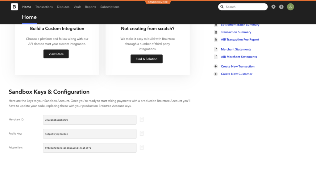 Khóa & Cấu hình trong Braintree