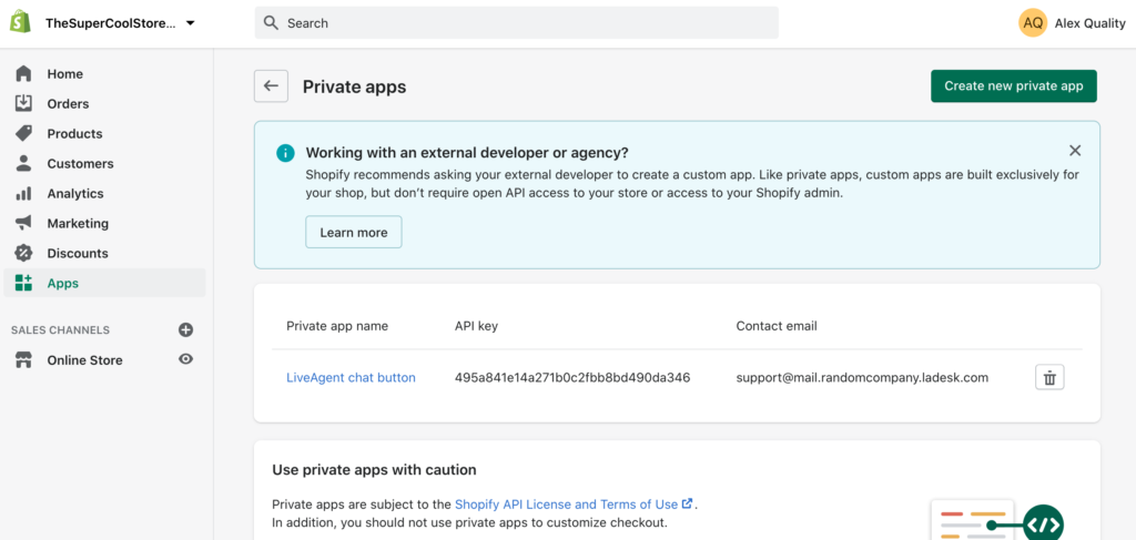 Tạo ứng dụng riêng tư mới trong Shopify để tạo tích hợp với LiveAgent