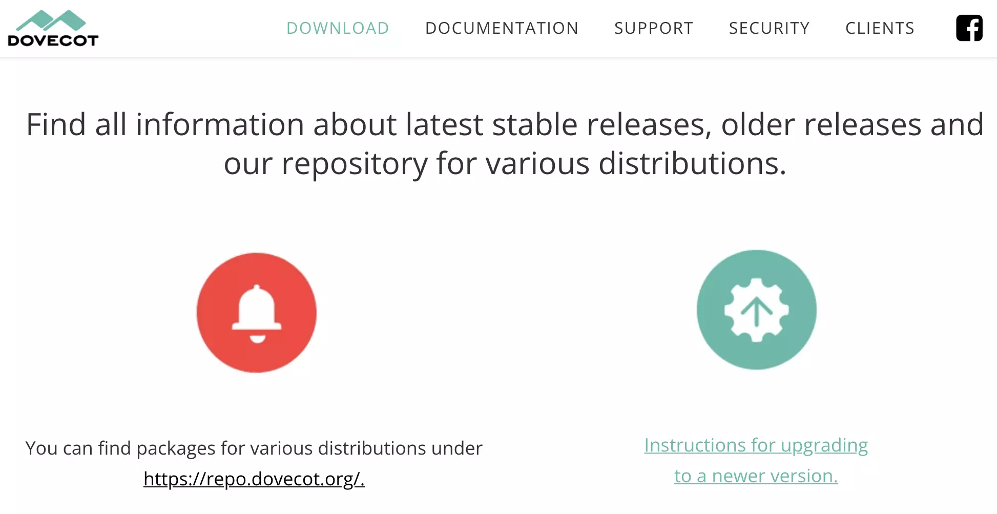 Trang web Dovecot với các bản tải xuống có sẵn của bản phát hành mới nhất