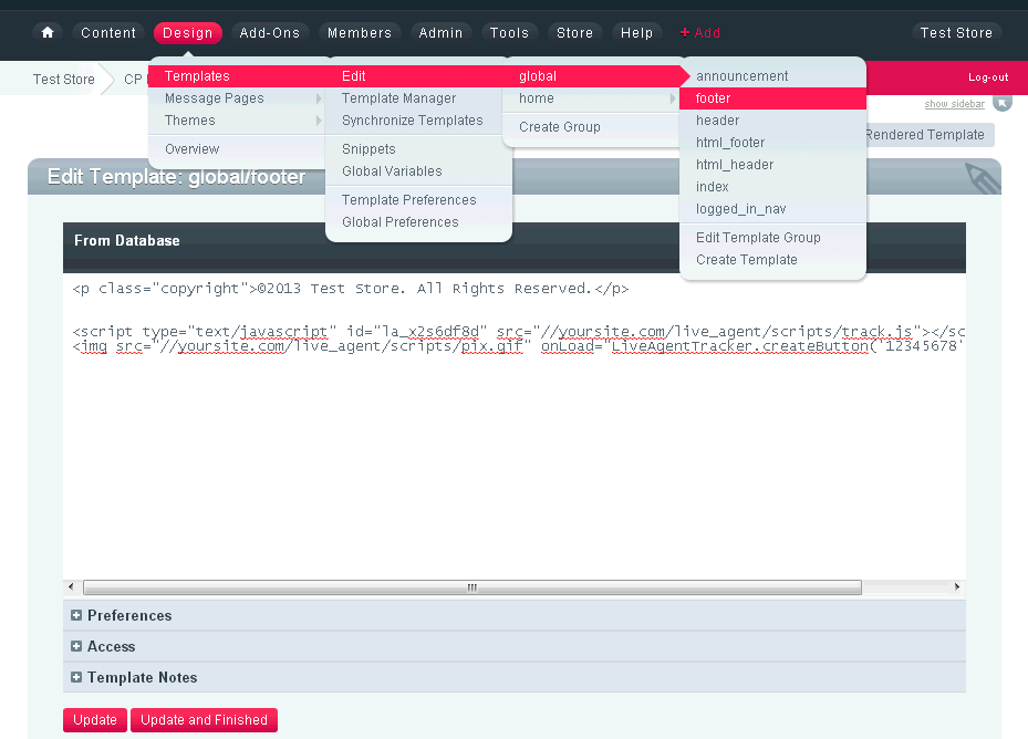 Mã trang web ExpressionEngine với mã nút trò chuyện LiveAgent