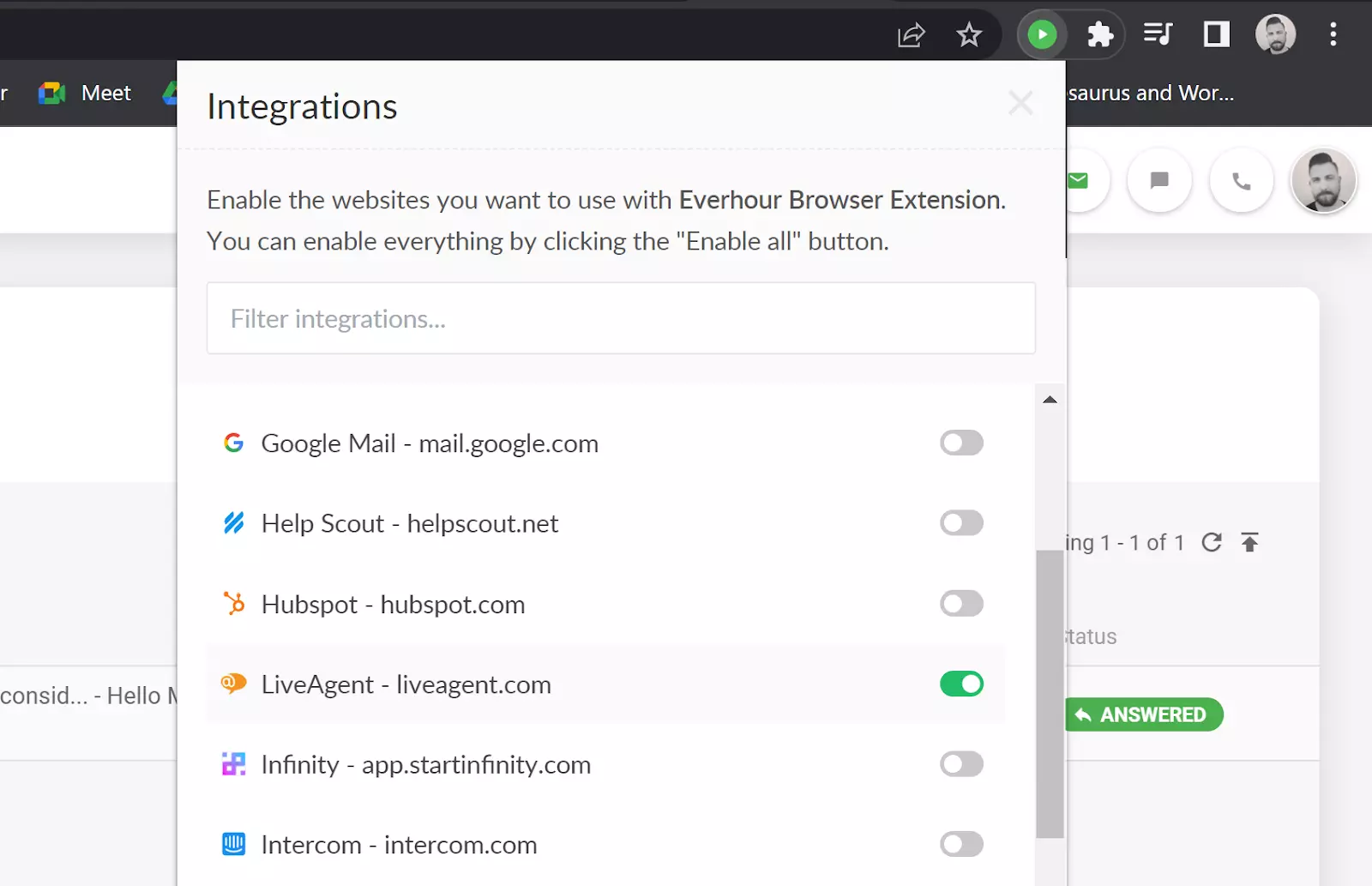 Everhour - bật tích hợp LiveAgent