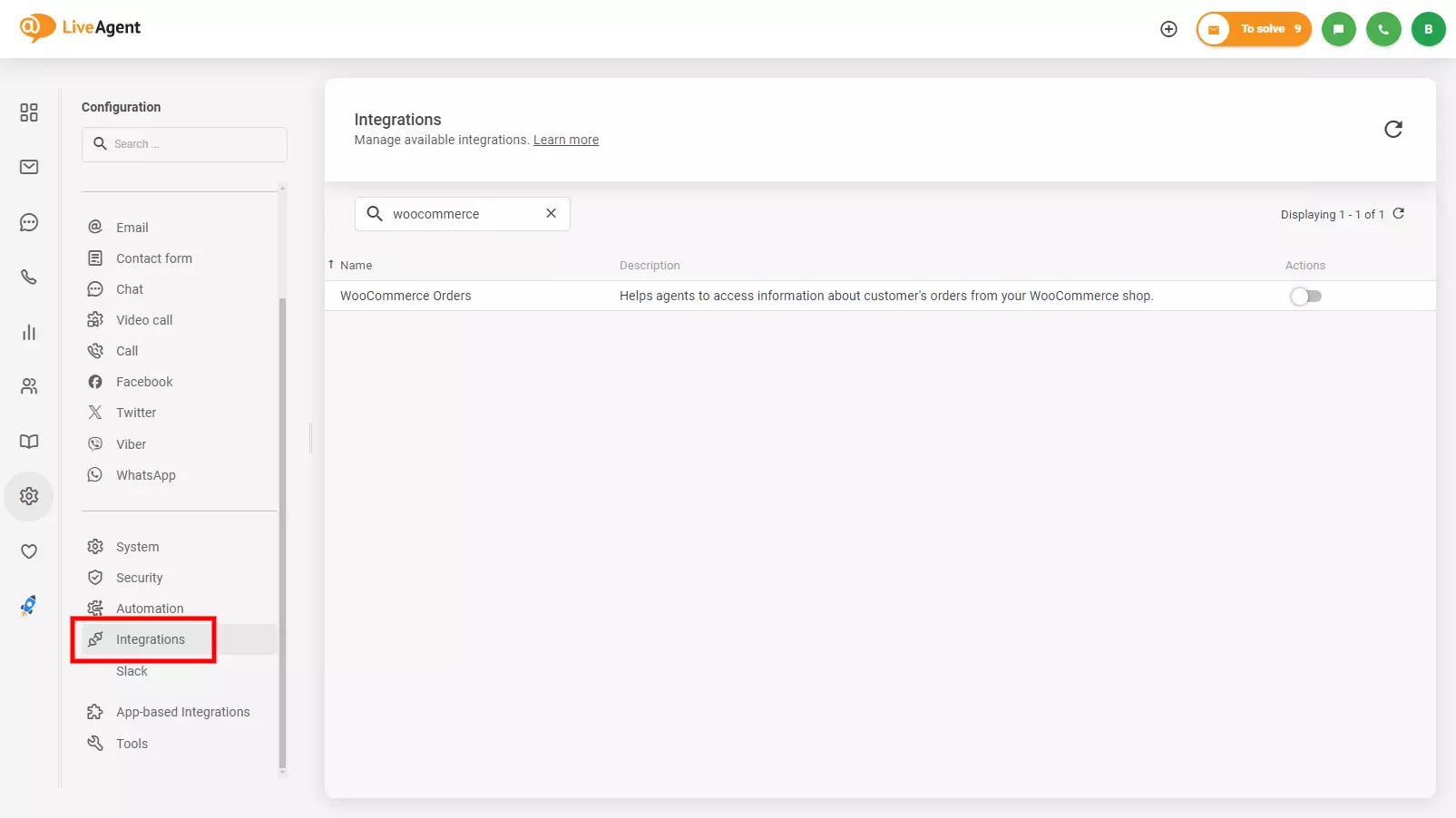 Hình ảnh hiển thị nơi tìm tích hợp Woocommerce trong LiveAgent