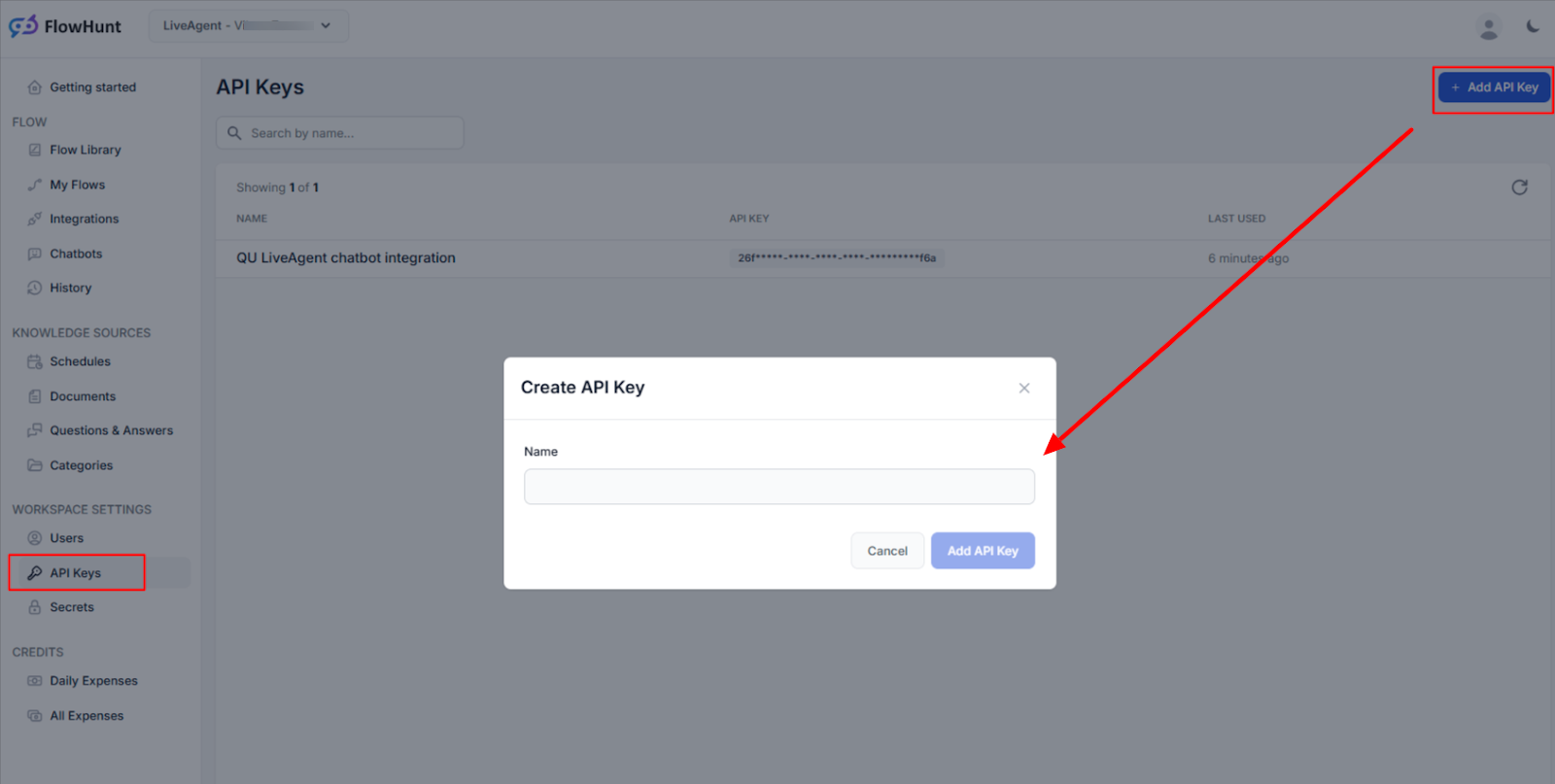 Tạo khóa API cho tích hợp không gian làm việc FlowHunt với LiveAgent