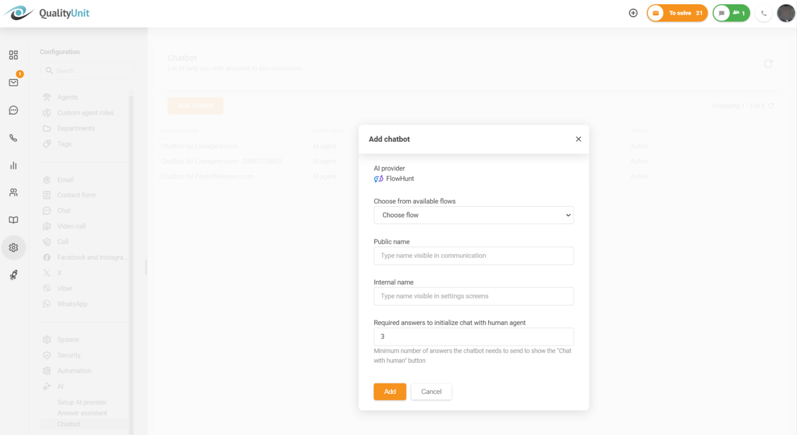 Cấu hình số câu trả lời tối thiểu cần thiết trước khi bật tùy chọn trò chuyện với con người