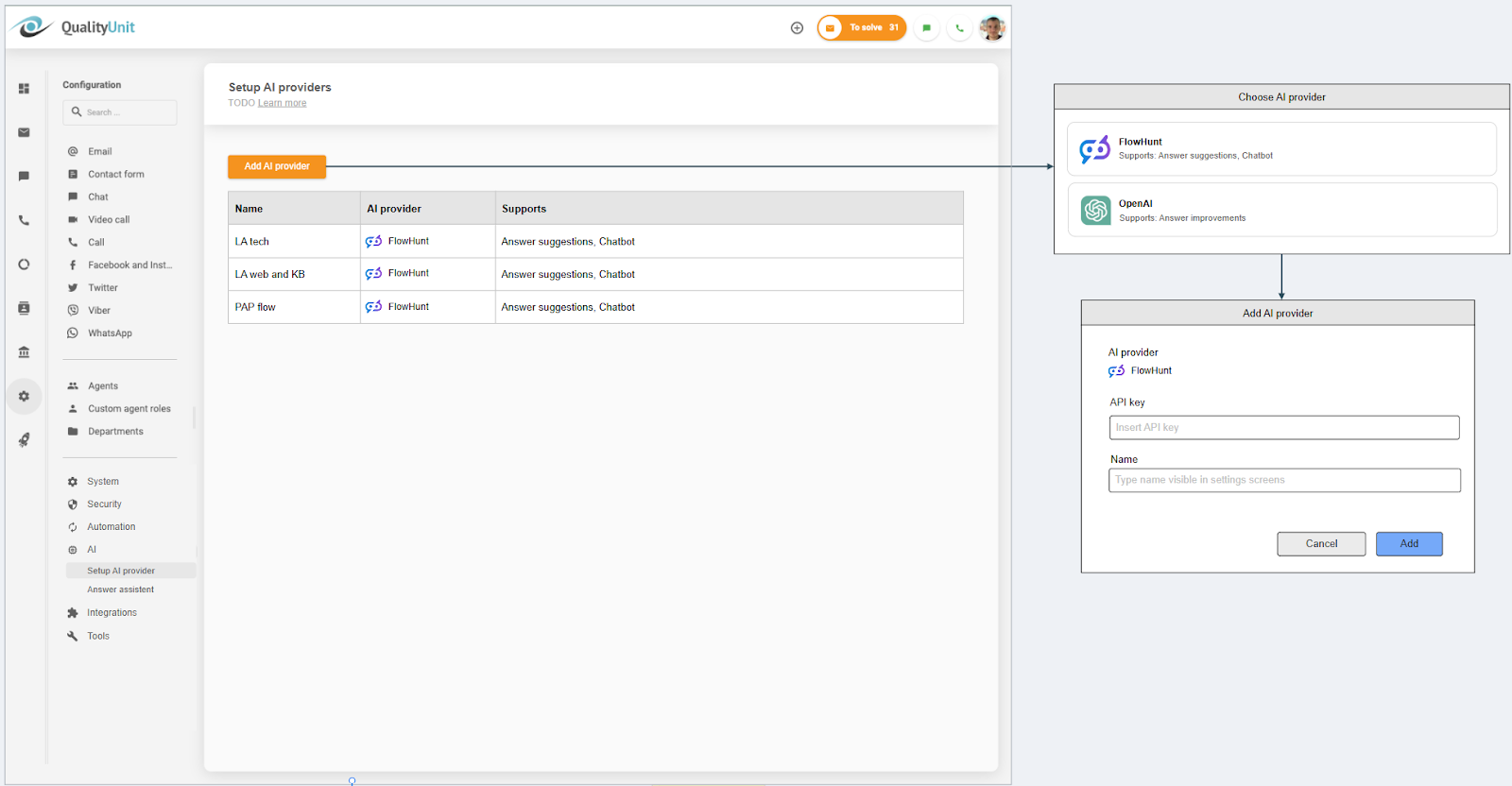 Kết nối nhà cung cấp AI LiveAgent