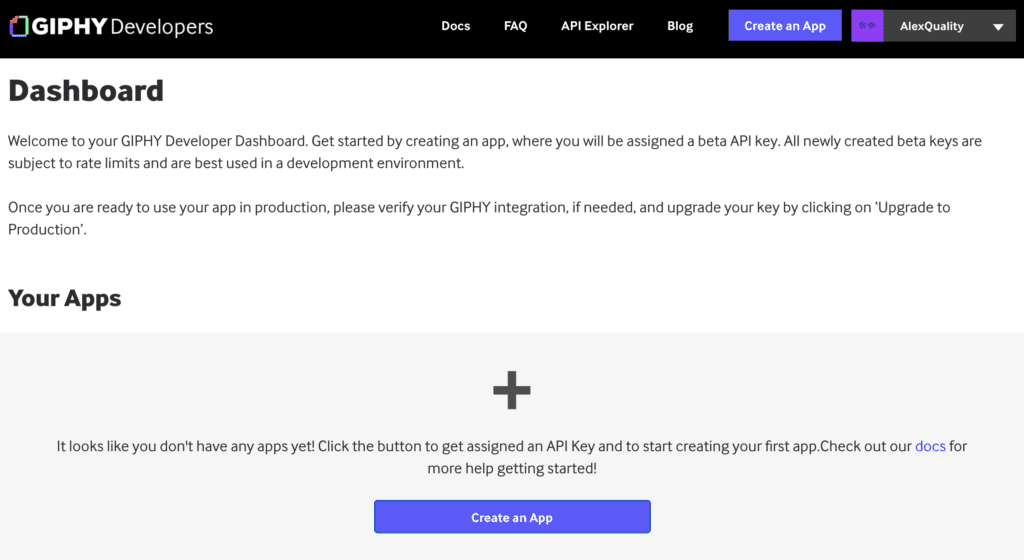 Bảng điều khiển Giphy với tùy chọn tạo ứng dụng để tạo khóa API