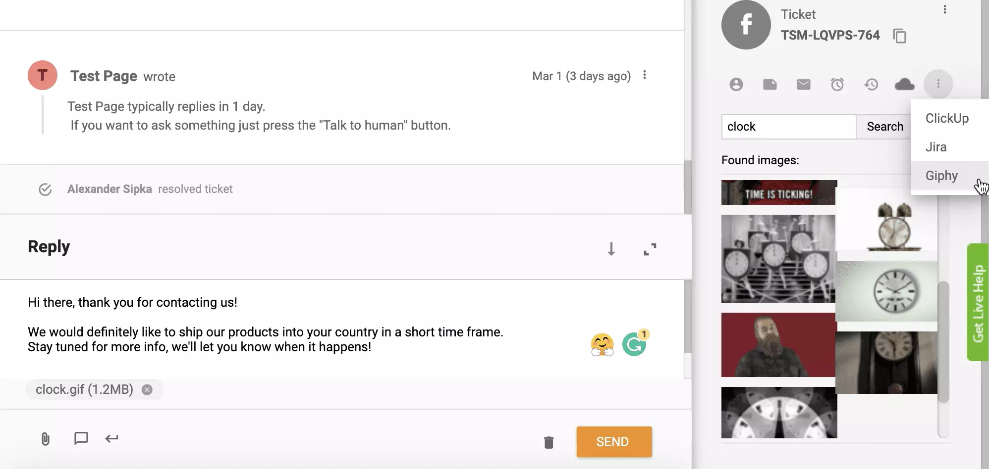 Tích hợp Giphy được kích hoạt và hoạt động trong hệ thống vé LiveAgent