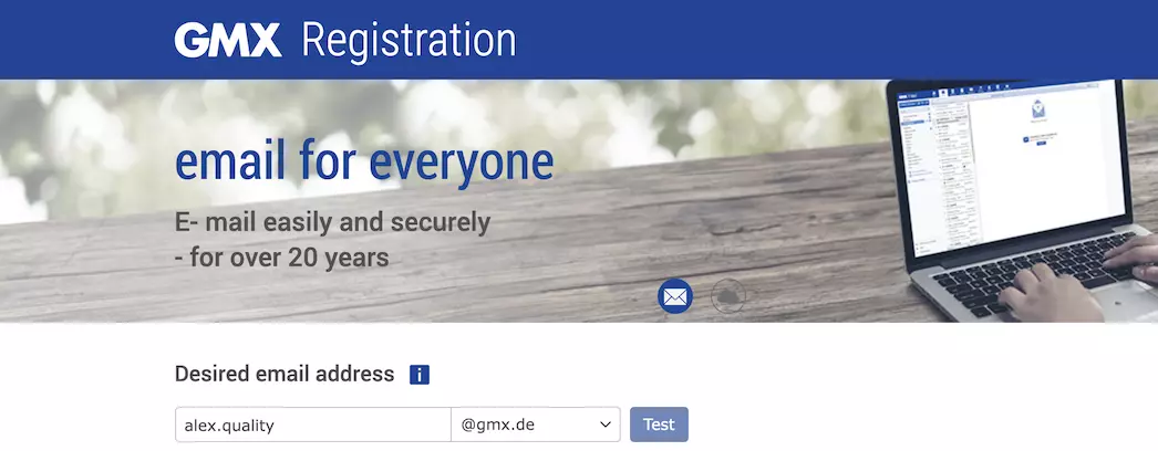 Trang đăng ký GMX với các trường thông tin