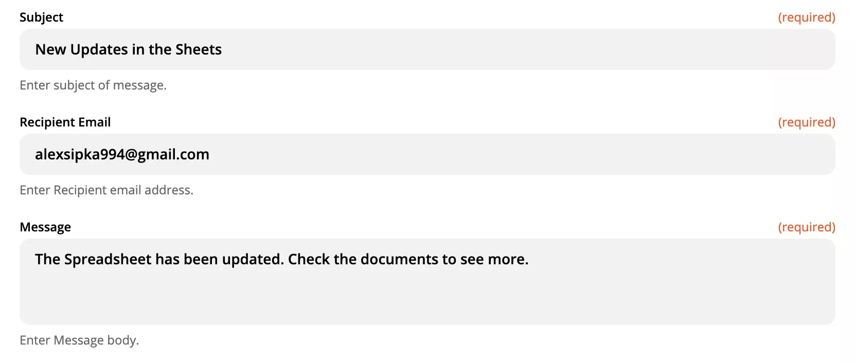 Ví dụ thiết lập action LiveAgent với các trường được điền
