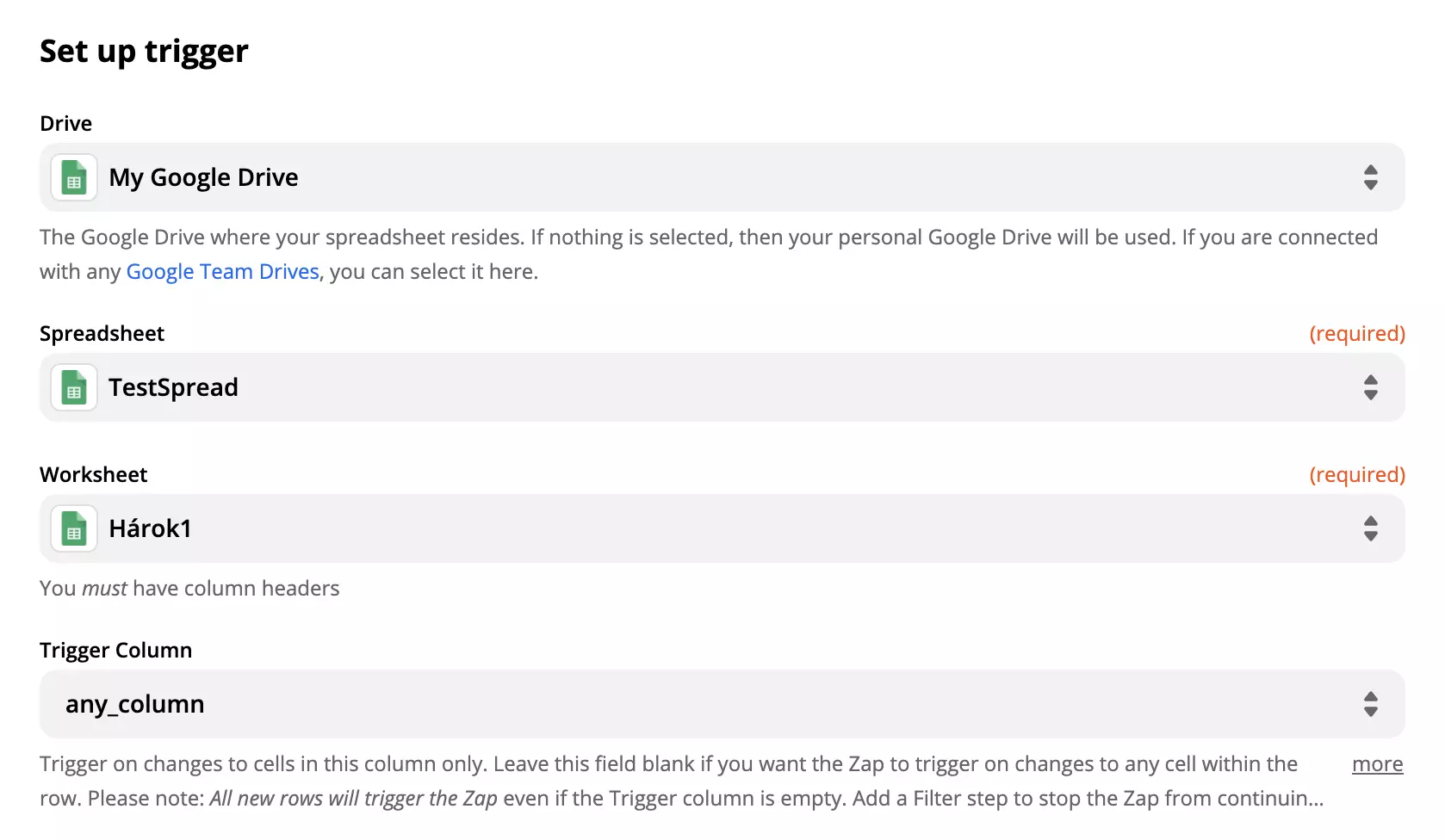 Các tùy chọn và trường thiết lập kích hoạt Google Sheets