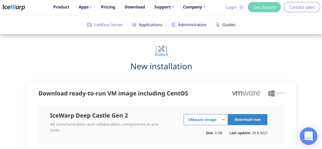 Trang web IceWarp với phần cài đặt và liên kết tải xuống