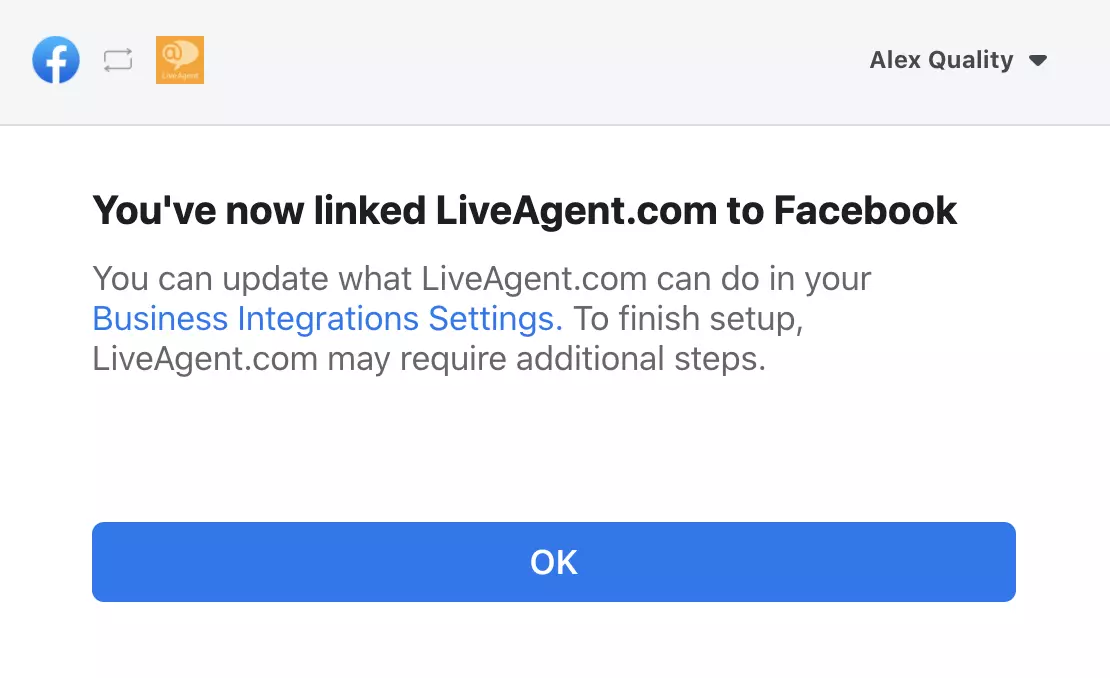 Cửa sổ pop-up xác nhận tích hợp thành công giữa Facebook và LiveAgent
