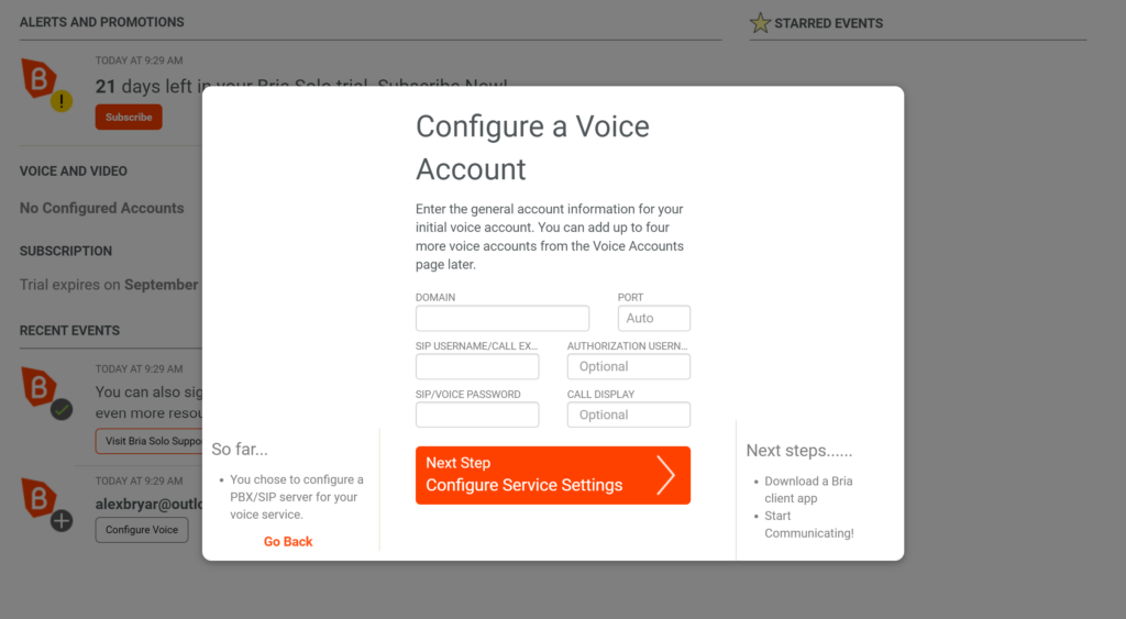 Cài đặt thoại Bria