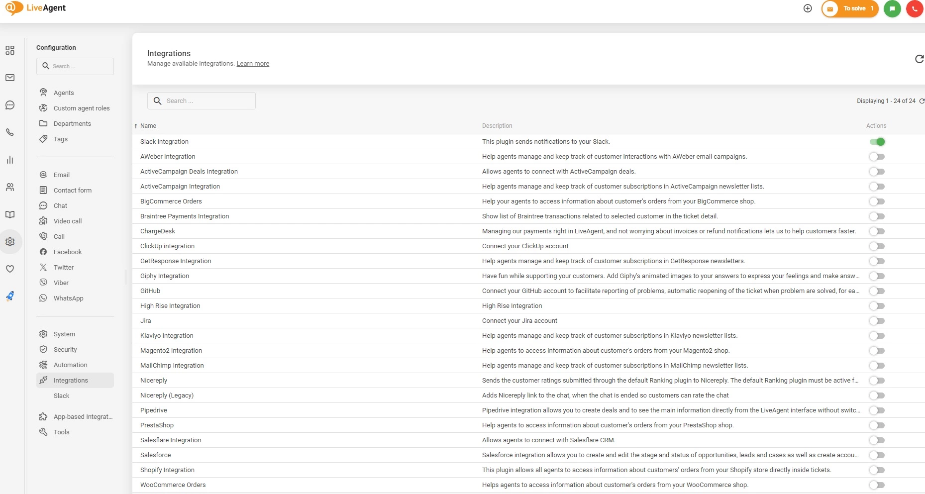 Kích hoạt tích hợp trong LiveAgent