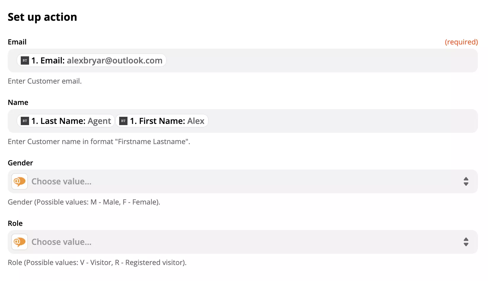 Cấu hình hành động LiveAgent với dữ liệu trong các trường trên Zapier